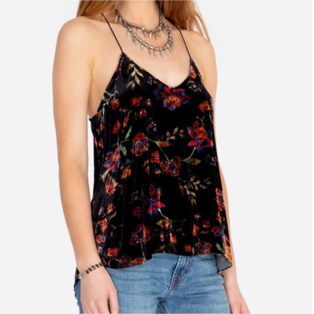 JOHNNY WAS Black & Red Floral Velvet Camisole Racerback Top Size XS 🥳HP